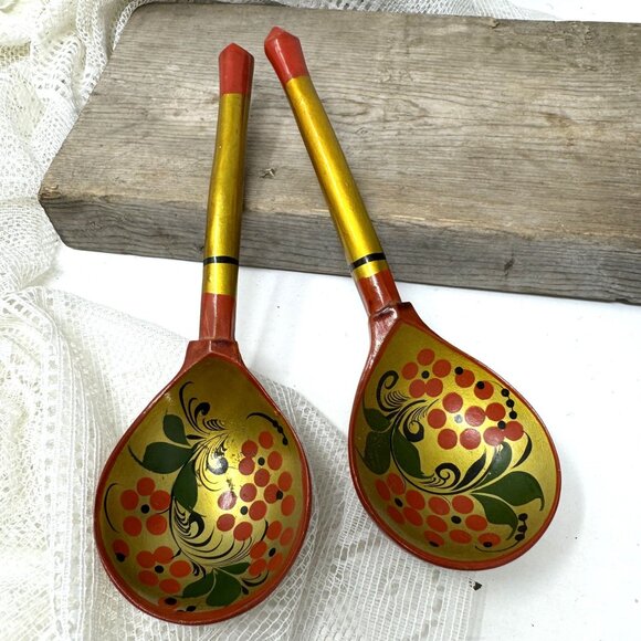 Vintage Khokhloma Hand Painted Spoon Set, Folk Art Wooden Spoons - Picture 5 of 5